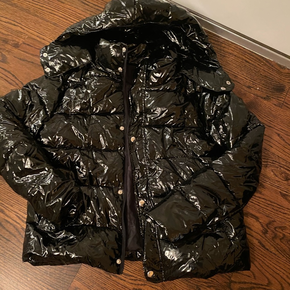 Black pat leather puffer coat